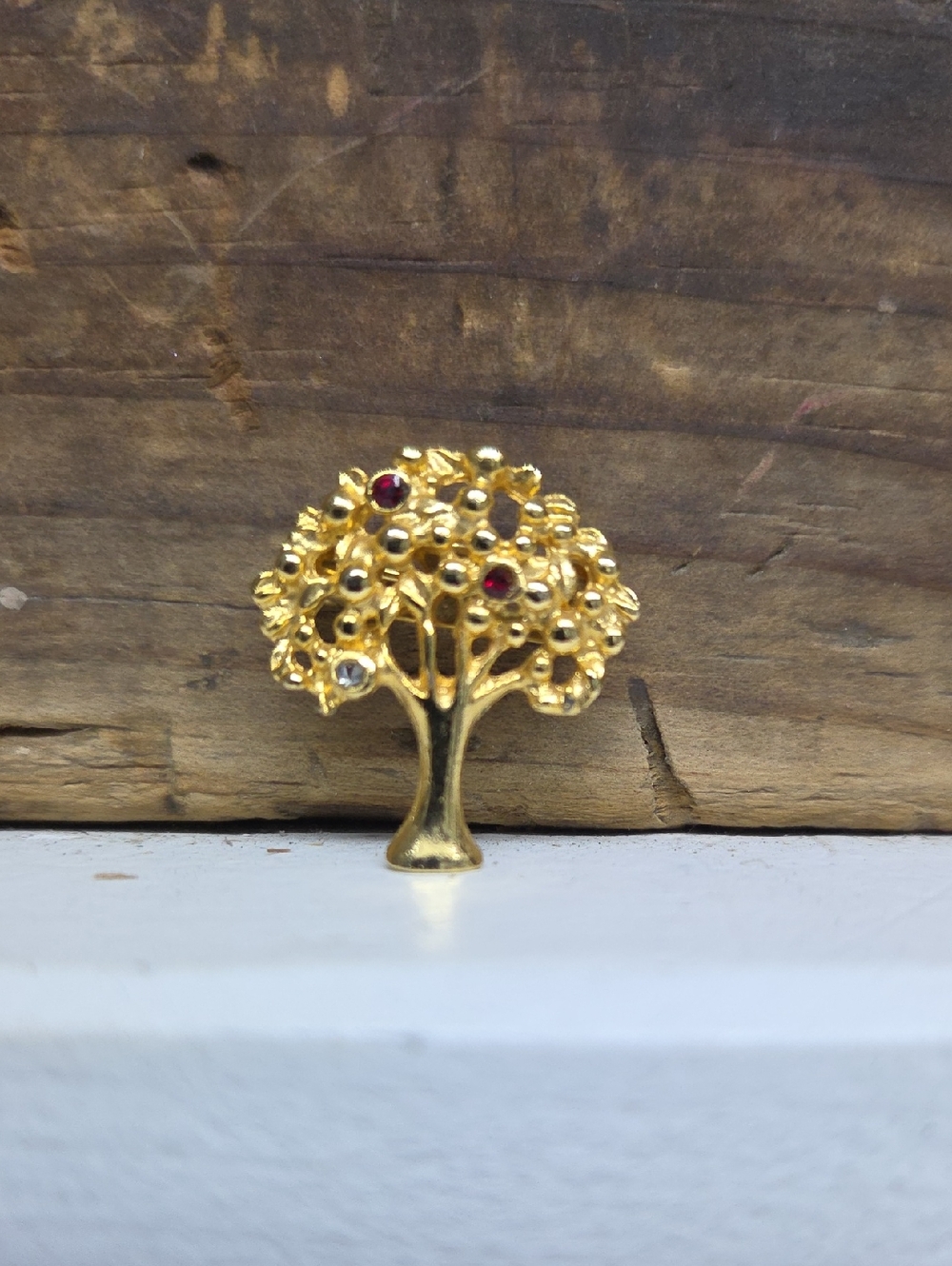 Vintage Gold Tree of Life Brooch with Red and Clear Accents
